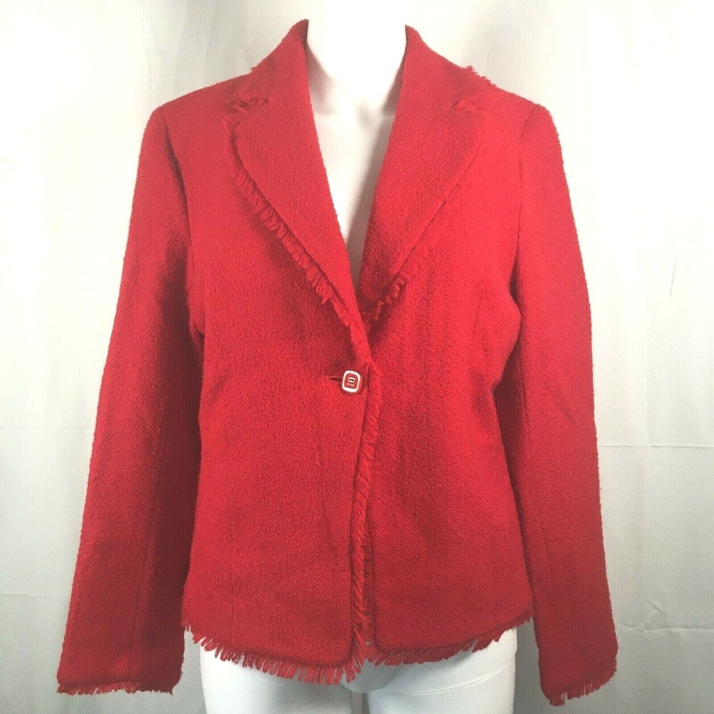 Peck & Peck Jacket Blazer Womens‎ Sz 8 Red Wool Blend Fringe Trim